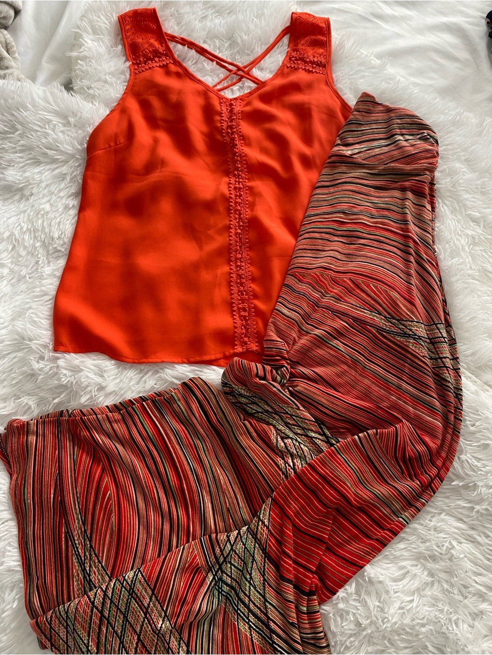 Skies Are Blue Orange Sleeveless Top & Striped long skirt